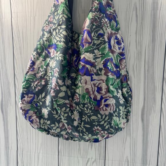 One of Kind 100% Silk Hobo Purse Floral Leather & Brass Handle India Artist - Picture 3 of 10
